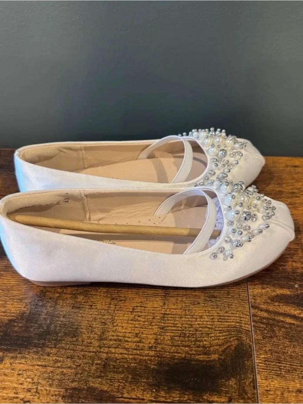 Embellished Satin Ballet Flats - Ivory